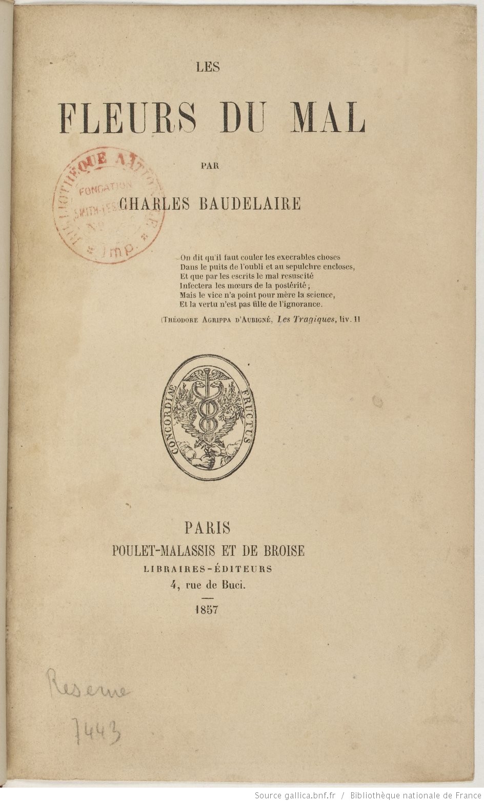 Couverture des Fleurs du Mal de Baudelaire 1857 sur Hollande